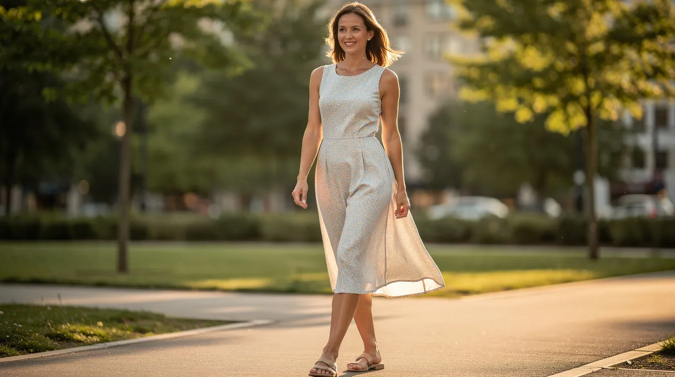 A confident woman is walking outdoors in a flowing summer dress, showcasing her natural, balanced silhouette. Her posture exudes self-assurance, reflecting the desired outcome of a non surgical butt lift that enhances her curves without the need for invasive surgery.