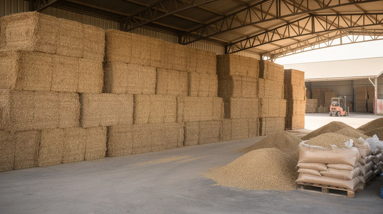The image depicts stacked bales of rice husk and biomass fuel stored in a covered industrial warehouse, emphasizing the storage solutions essential for the poha manufacturing process. This setup supports the production efficiency and quality control necessary for processing flattened rice into high-quality poha.