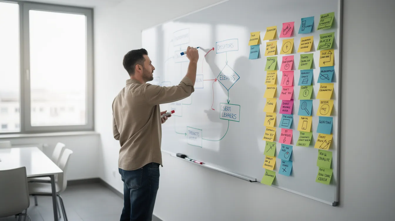 A person is standing at a whiteboard, actively drawing a flowchart with colored markers while nearby, sticky notes are neatly arranged in columns. This scene illustrates the process mapping technique used in business process management to analyze and improve operational efficiency by documenting the current process and identifying specific steps for enhancement.
