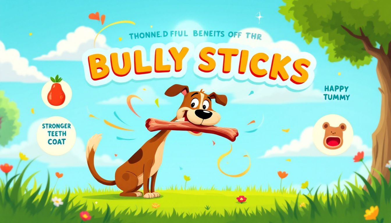 A dog enjoying a bully stick, representing health benefits.