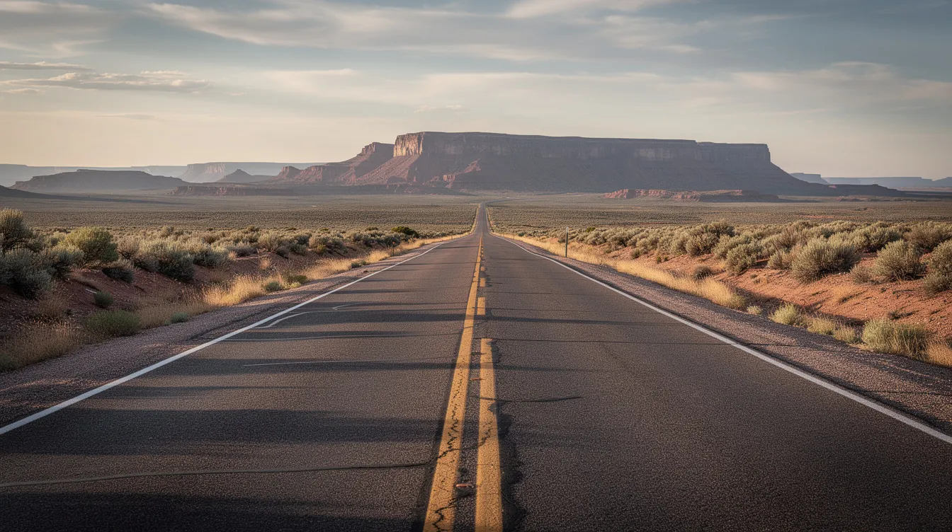 The image depicts a vast desert highway winding through the arid landscape of New Mexico, with majestic mountains rising in the background. This scene captures the essence of open roads, which can sometimes lead to serious car accidents, including drunk driving crashes, underscoring the importance of legal representation for victims seeking compensation.