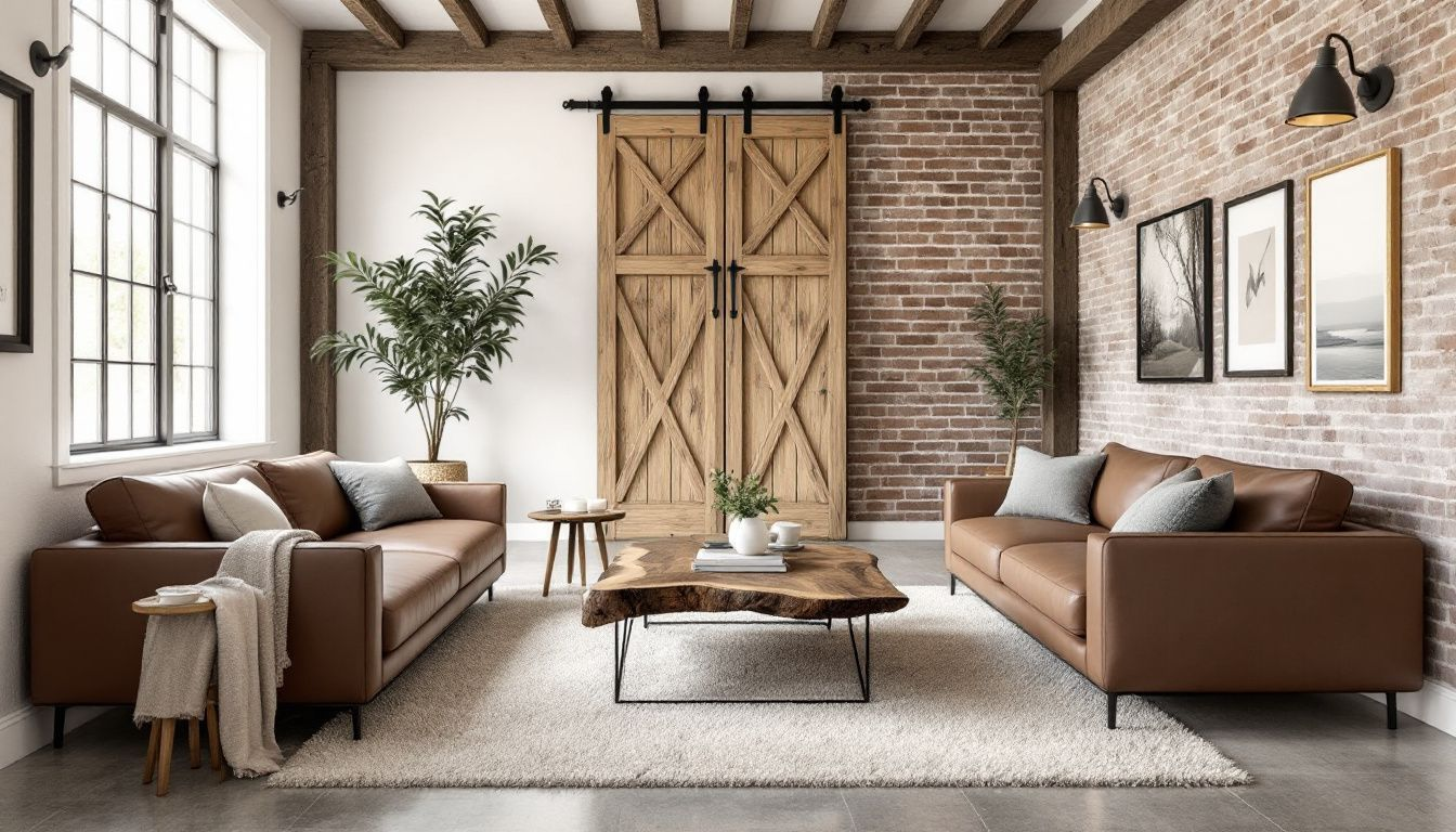 A cozy living space showcasing natural materials that reflect modern farmhouse style.