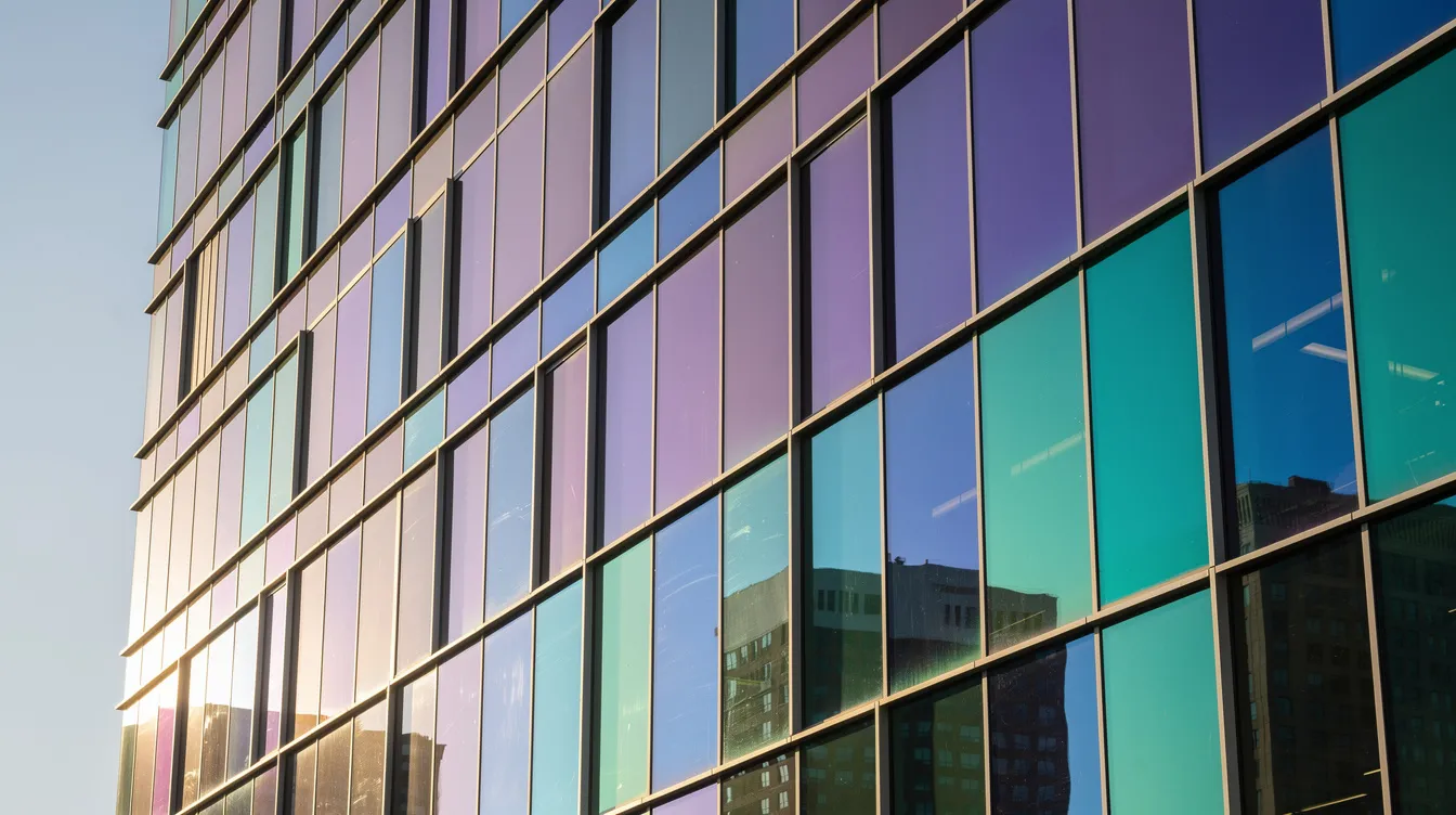 The image features a modern building facade adorned with dichroic glass panels that create a stunning gradient of purple, blue, and green colors, beautifully reflecting the afternoon sunlight. The dichroic properties of the glass allow it to interact with visible light, producing a vibrant and dynamic visual effect that changes with the angle of view.
