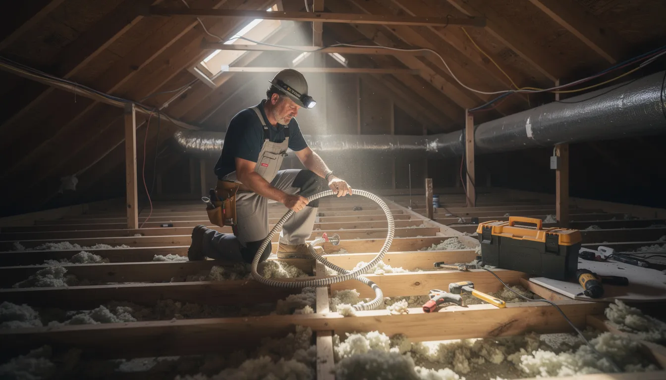 The image shows a plumber working in an attic, handling flexible tubing as part of a plumbing project. Surrounding him are various plumbing materials, including copper pipes and pex tubing, indicating a comparison between copper and pex for efficient water flow in tight spaces.