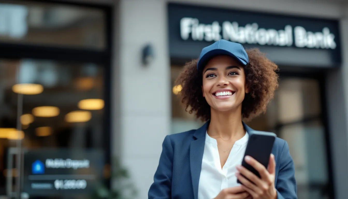 A small business owner stands confidently in front of a bank, holding a smartphone with U.S mobile number that displays a banking app, symbolizing the ease of managing their small business account. The image highlights the convenience of using mobile banking, including features like sending and receiving money with Zelle for business transactions.