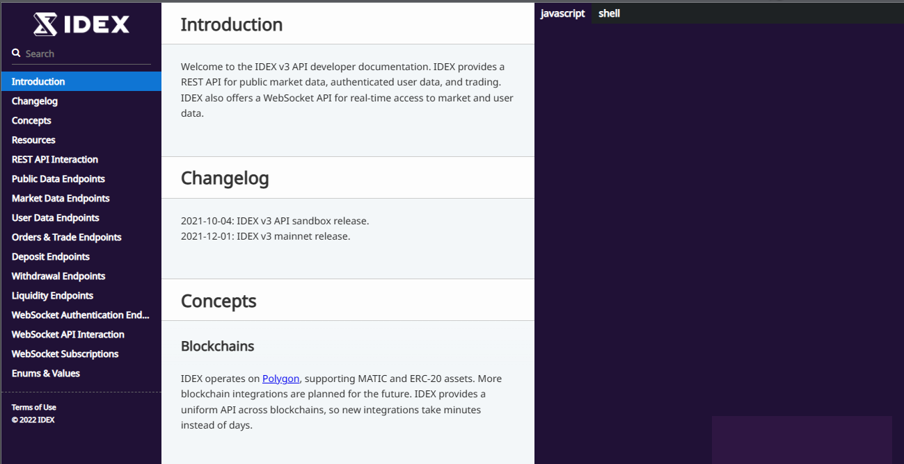 IDEX API resources