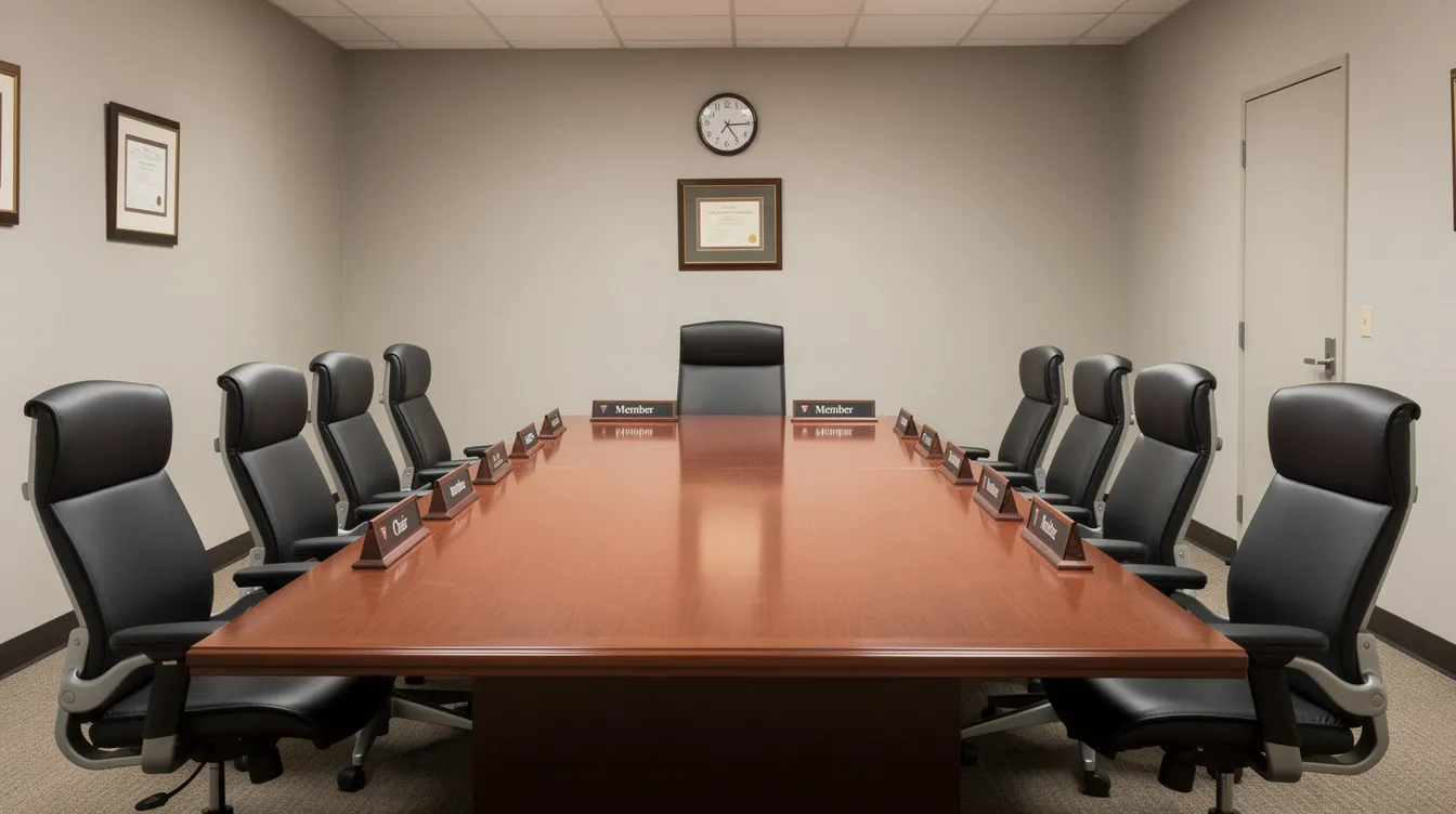 The image depicts a formal meeting room set up for a hearing, featuring a large table surrounded by chairs, suggesting a professional environment where discussions about social security disability claims and neurological disabilities may take place. The setting implies a focus on serious matters, potentially involving medical evidence and disability benefits.