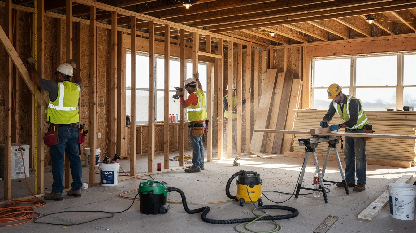 Construction workers actively renovating the interior of a residential property, with exposed framing and tools scattered around