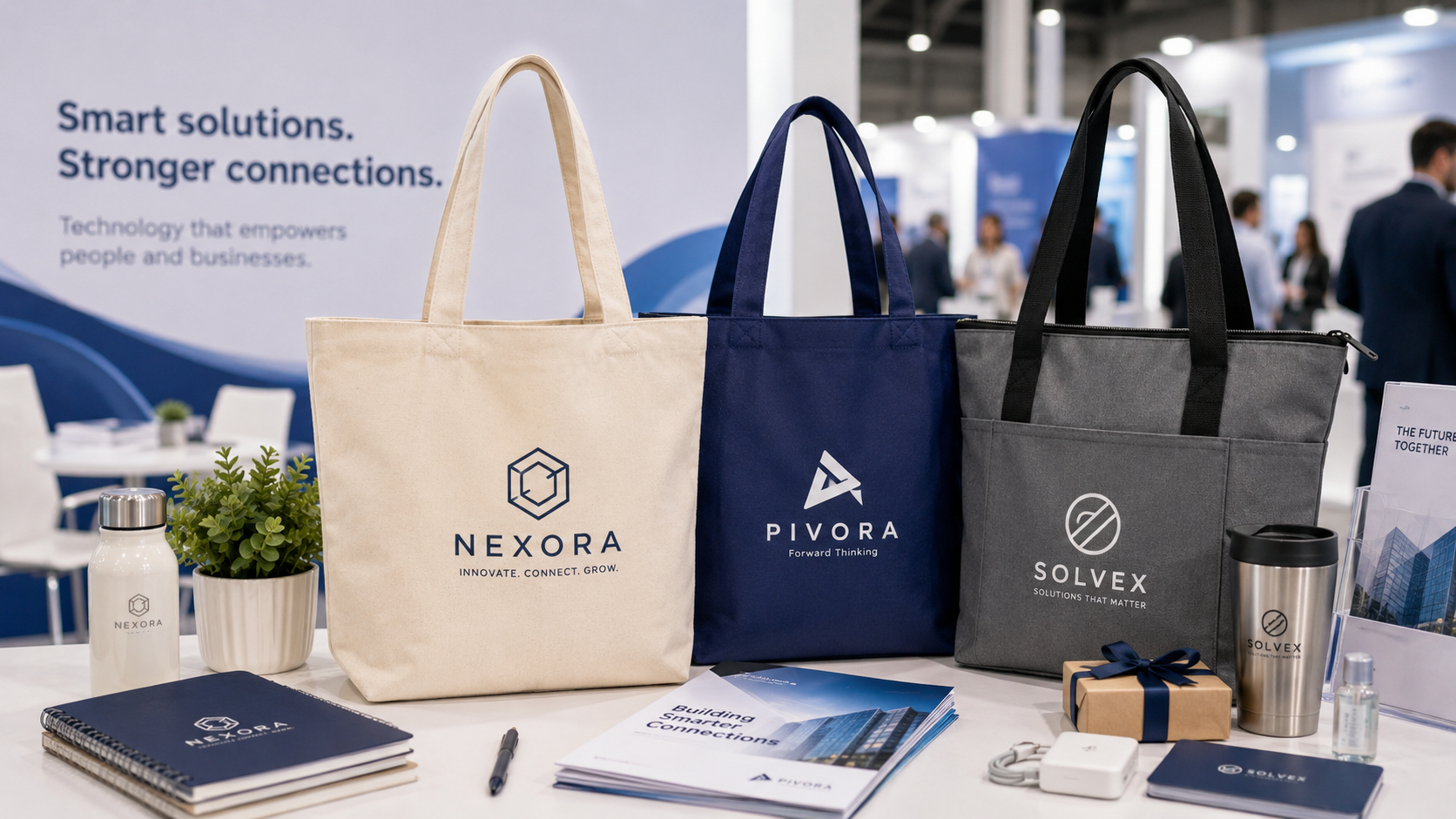 Custom tote bags with large logo areas for trade shows, welcome kits, shopping, and event giveaways