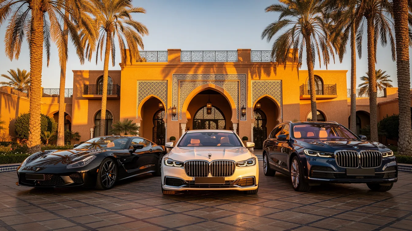 Trois véhicules de luxe, dont une Mercedes-Benz, un Audi Q8 et un Range Rover, sont alignés devant un élégant hôtel marocain, entouré de palmiers. Cette scène évoque le confort et le prestige de la location de voitures haut de gamme à Marrakech.