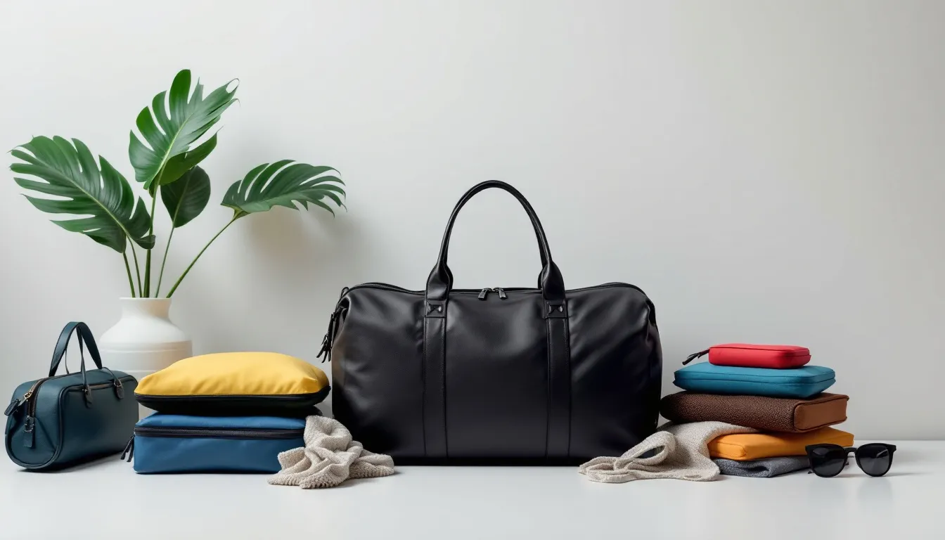Essential travel gear including a travel bag and packing cubes.