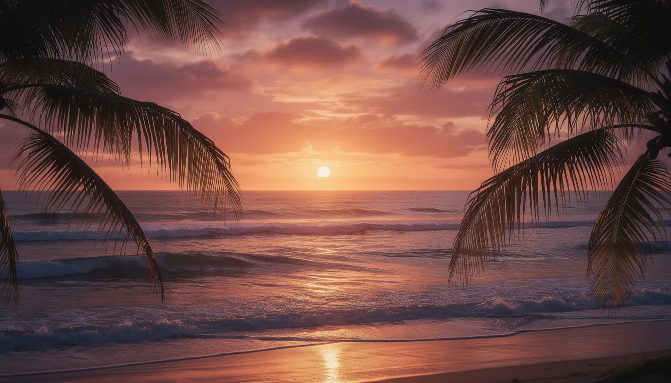 En vacker solnedgång över havets vågor, omgiven av tropiska palmträd som svajar lätt i brisen. Denna idylliska scen skapar en känsla av lugn och avkoppling, perfekt för att njuta av en kväll vid havet.