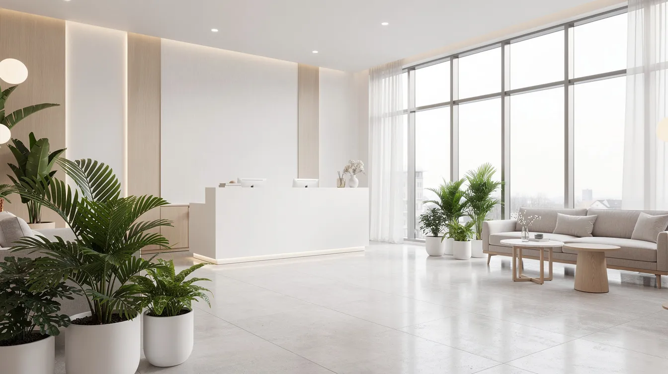 Imagen de una recepción moderna y luminosa de un med spa, decorada de forma minimalista con plantas verdes que aportan frescura al ambiente. Este espacio refleja un enfoque profesional en tratamientos estéticos como el botox y fillers, ideal para quienes buscan mejorar su apariencia en Nueva York.