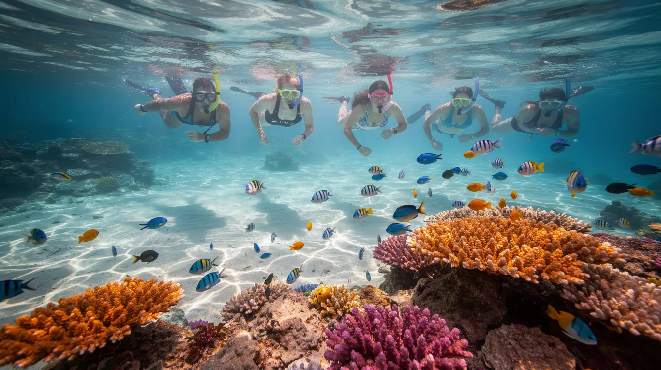 Um grupo de pessoas está fazendo snorkel em um recife de coral, cercado por peixes coloridos em águas cristalinas de um azul turquesa vibrante. Essa cena retrata a rica vida marinha e a beleza natural das ilhas ABC no Caribe, um verdadeiro paraíso para turistas em busca de experiências inesquecíveis.