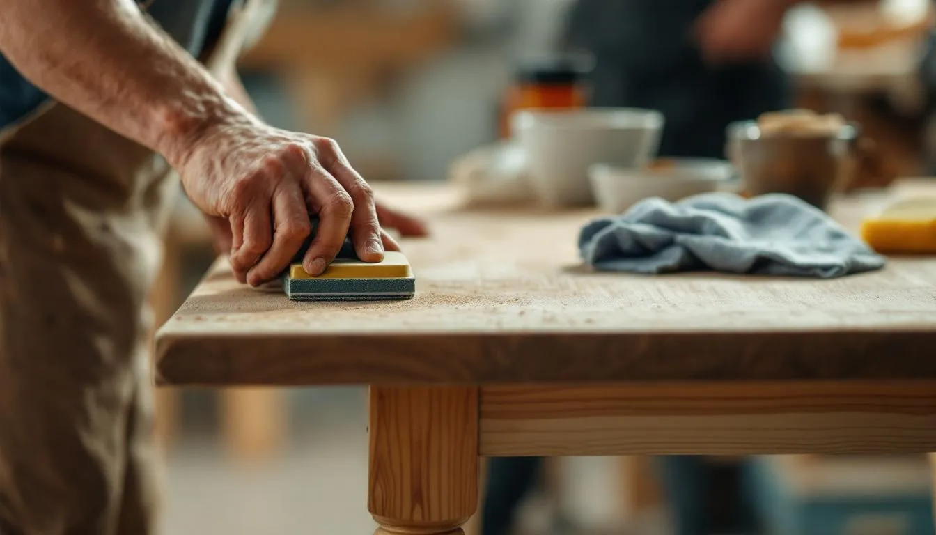 Preparing furniture for refinishing by sanding and cleaning.