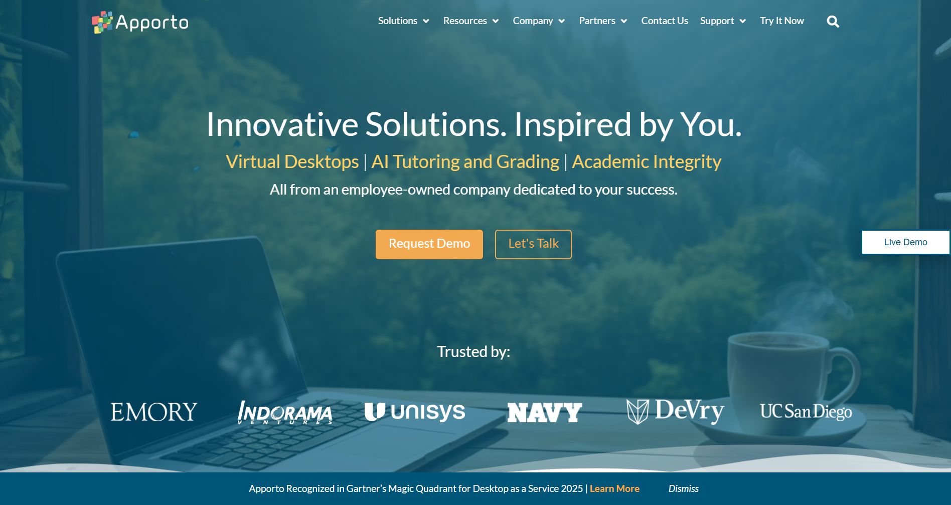 Homepage banner showing Apporto’s cloud desktop solutions with virtual desktops, AI tutoring, and academic integrity features highlighted for higher education institutions.