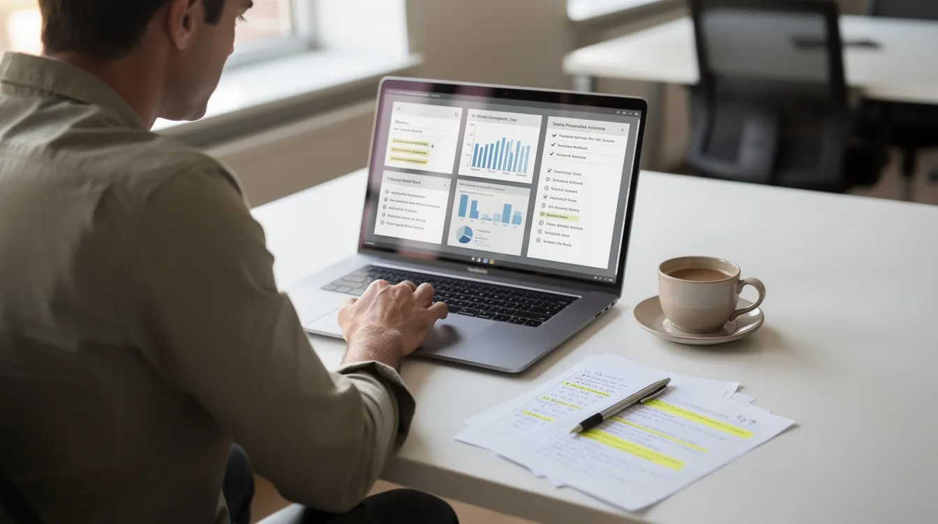 A person is seated at a desk, focused on comparing various web hosting options displayed on their laptop screen, surrounded by notes and a steaming coffee cup. This scene reflects the process of selecting the best web hosting services for their needs, highlighting the importance of features like server resources and hosting plans.