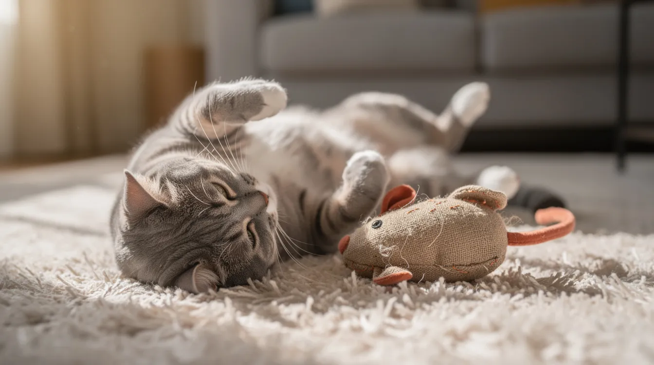 A playful cat is rolling on its back next to a catnip-filled plush toy on a soft rug, showcasing its enjoyment of the catnip scent. This scene highlights the fun and active play that many cats love, as they engage with their durable kicker toy.
