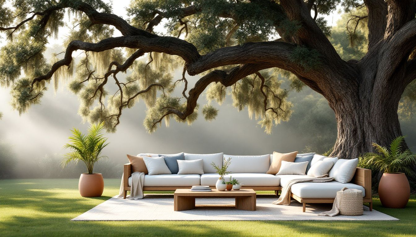 An outdoor space designed in modern farmhouse style, ideal for relaxation.