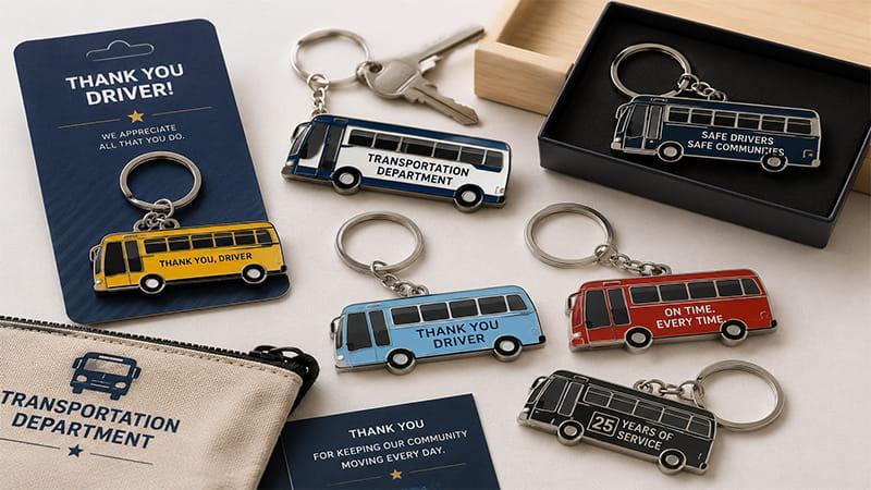 Custom bus-shaped keychains with driver appreciation messages and service recognition designs