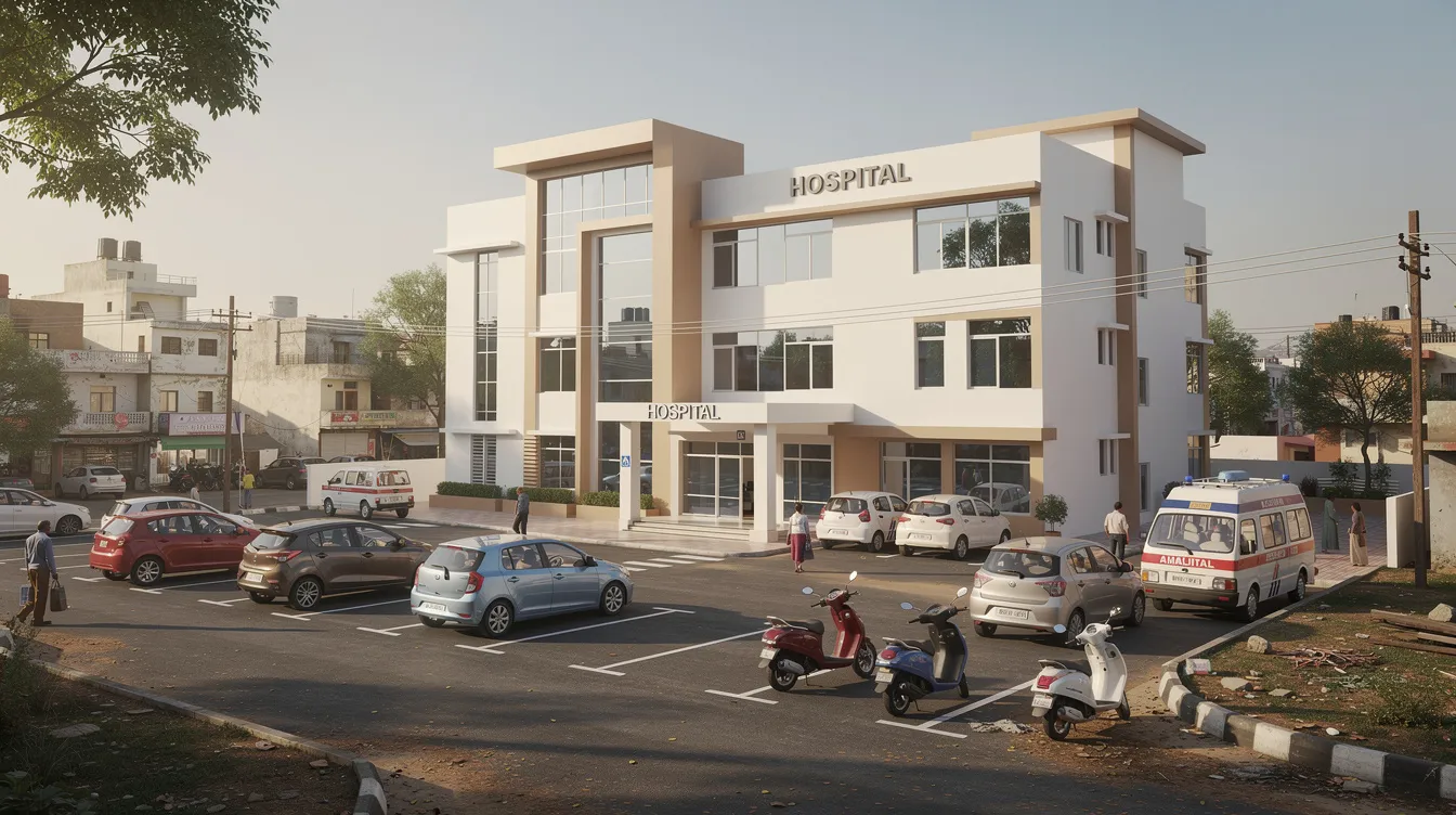 The image depicts a small, modern hospital building situated in a tier-2 Indian city, complete with a parking area for patients and visitors. This facility is equipped with advanced medical equipment, emphasizing its role in providing essential healthcare services to the community.