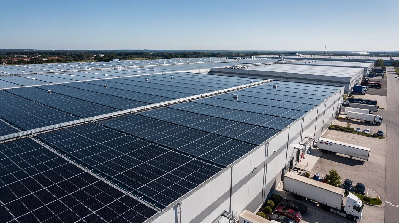 The image depicts solar panels installed on the rooftop of a large manufacturing facility, showcasing a commitment to sustainability and energy efficiency. This investment not only supports corporate tax leaders in maximizing tax savings through potential credits but also aligns with modern tax compliance strategies under current tax law changes.
