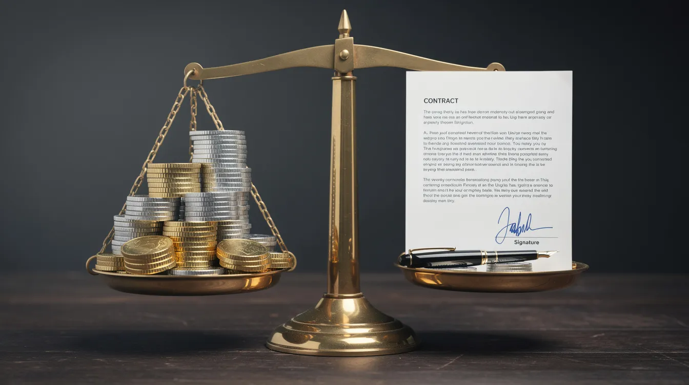 The image depicts a set of balanced scales, with stacks of coins on one side representing financial value, and a signed contract document on the other side symbolizing legal agreements and obligations. This visual metaphor highlights the importance of liability clauses and the balance of risk in commercial contracts.