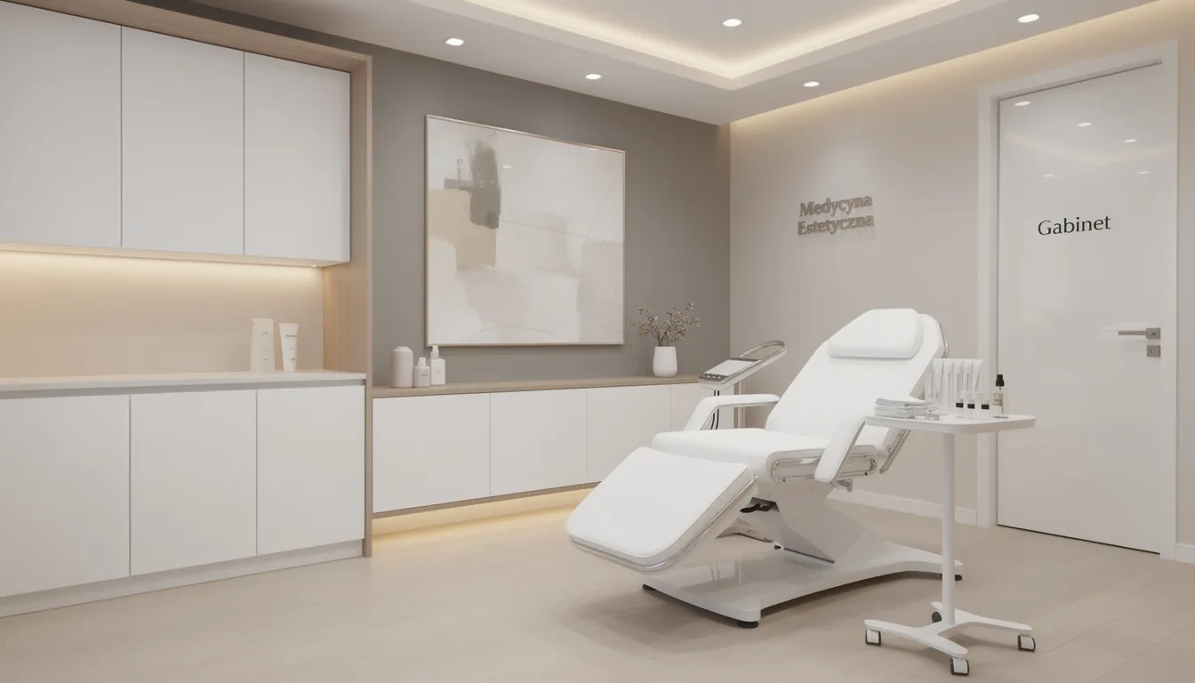 Nowoczesne wnętrze gabinetu medycyny estetycznej z eleganckim fotelem zabiegowym i subtelnym oświetleniem, które sprzyja relaksowi pacjentek podczas zabiegów, takich jak laserowe obkurczanie pochwy czy rewitalizacja tkanek pochwy. Przestrzeń ta jest zaprojektowana z myślą o komforcie i intymności, co jest istotne w kontekście ginekologii estetycznej.
