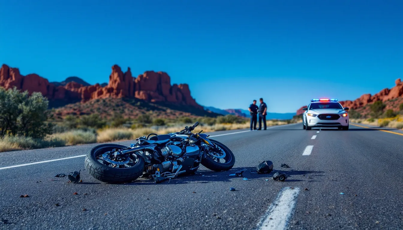 A motorcycle lies crashed on the side of a highway in New Mexico, surrounded by a scenic landscape. Police vehicles are present at the accident scene, indicating the seriousness of the motorcycle accident and the need for legal representation from experienced motorcycle accident lawyers.