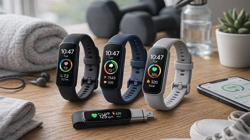 Fitness tracker bands and activity wearables displayed on a desk, ideal for health-focused corporate rewards and client gifts.
