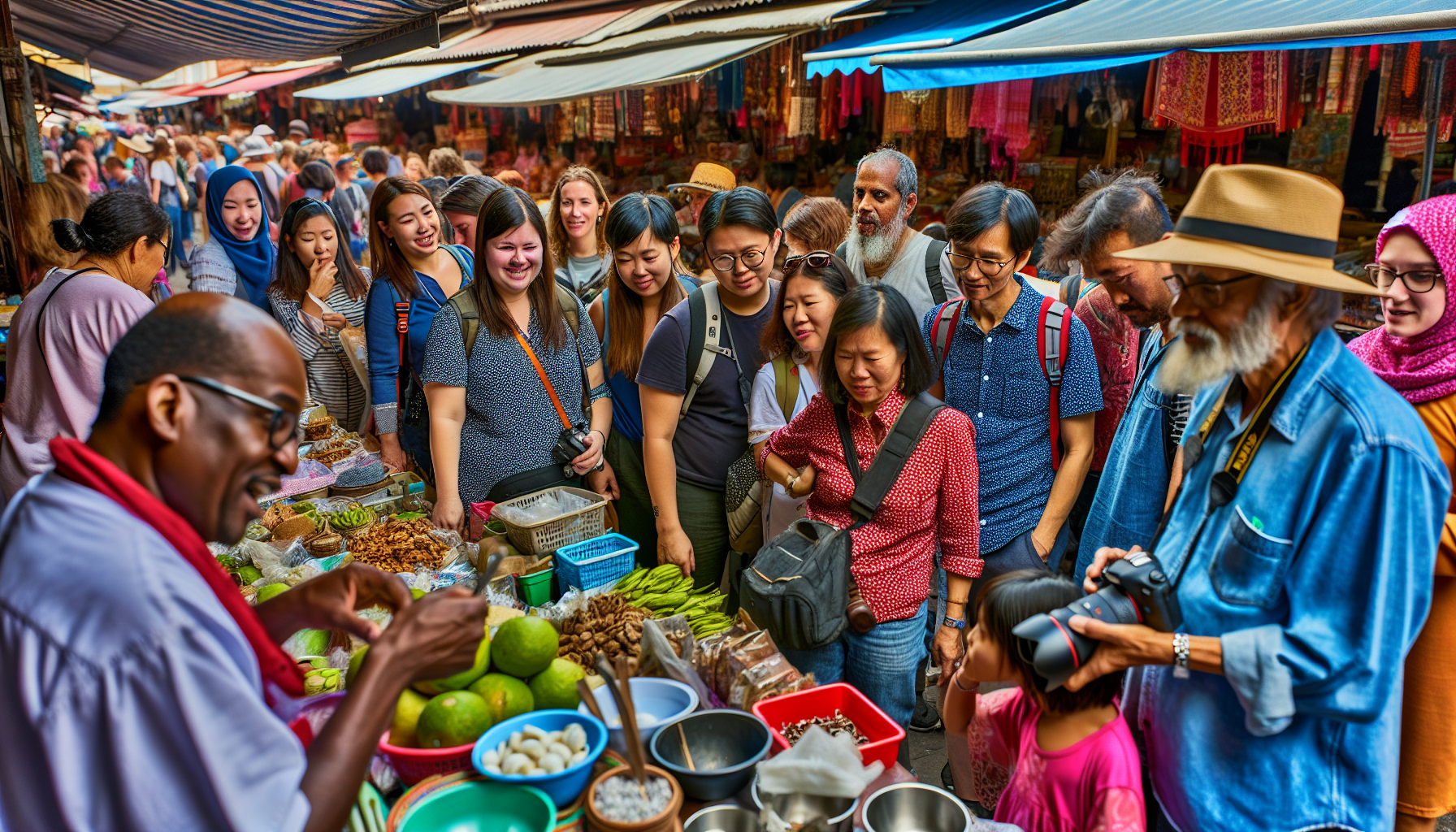 Local market with tourists and vendors