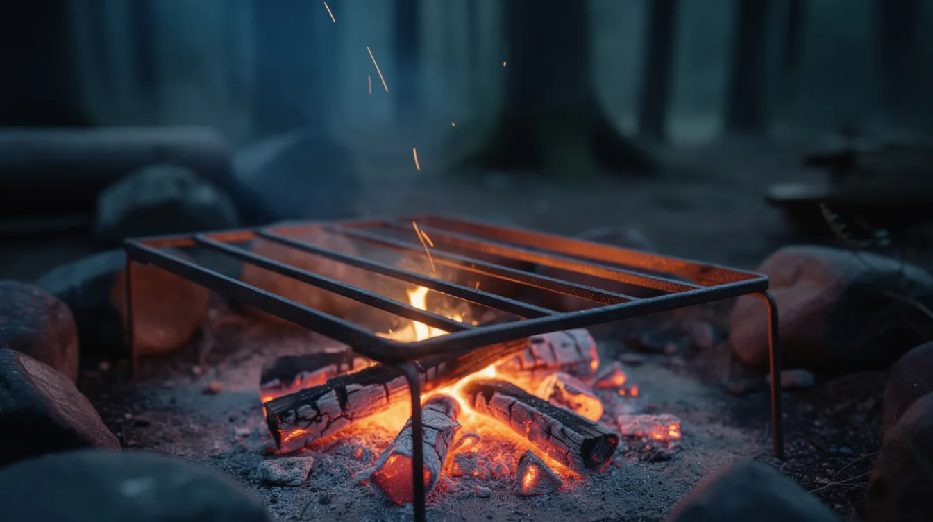 A simple steel grate is positioned over glowing coals in a wilderness campfire setting, perfect for grilling hot dogs and burgers. The scene captures the essence of camping gear, with the warmth of the fire pit creating an inviting atmosphere for a cozy outdoor dinner.