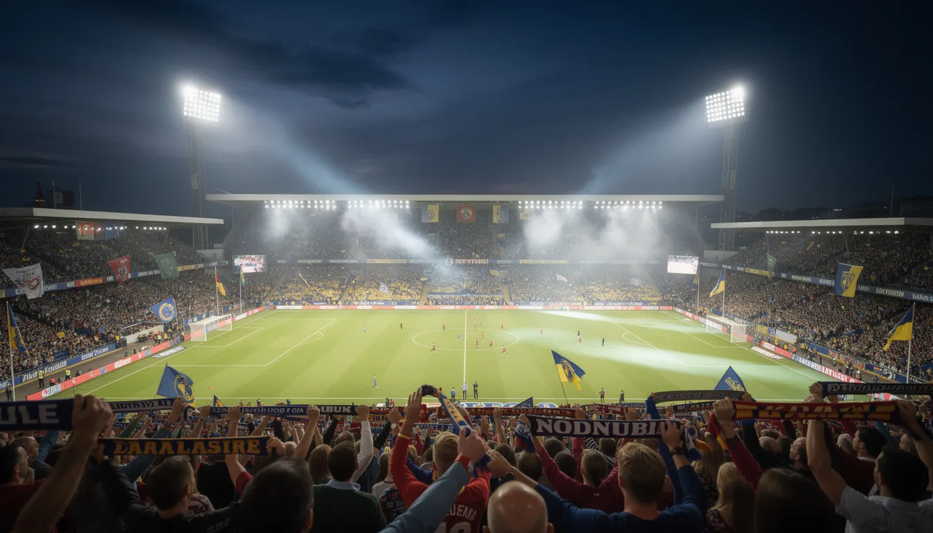 En fotbollsstadion under en kvällsmatch med en stor publik som hejar på sitt lag, omgiven av strålkastare som lyser upp planen. Atmosfären är elektrisk och spännande, perfekt för att uppleva live betting hos interwetten.