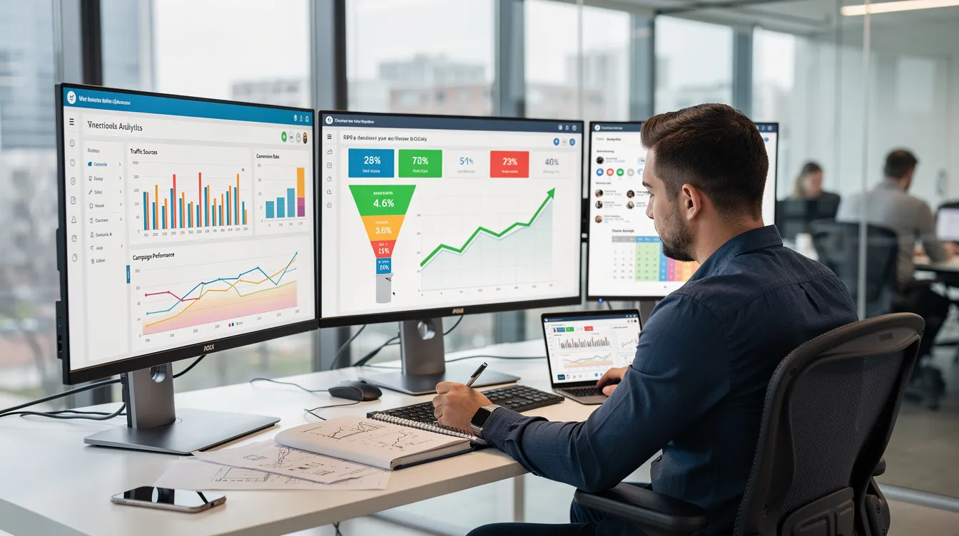 Marketing professional analyzing AI-driven data dashboards on multiple screens to derive actionable insights from customer data and historical trends