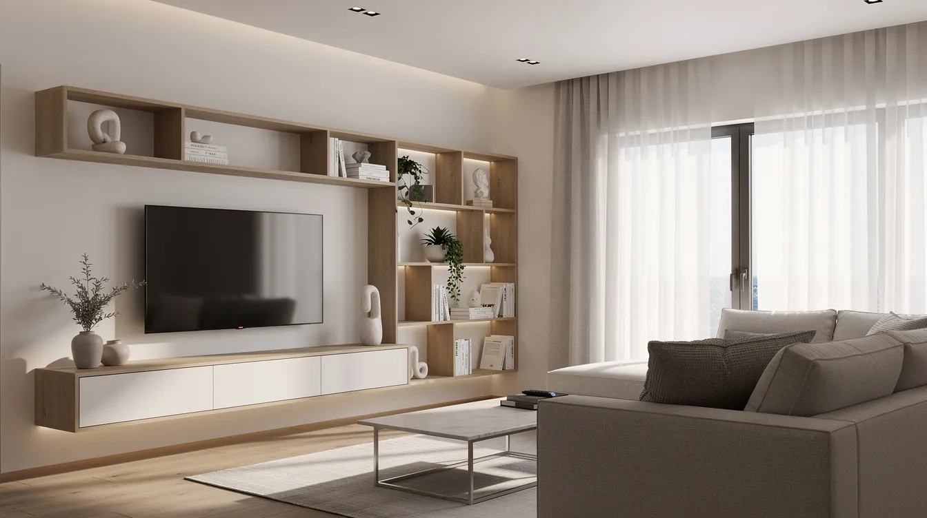 Welke meubels voor woonkamer heb je nodig voor een complete woonkamer? Een moderne woonkamer met strakke lijnen, waar een open kast en een stijlvol tv-meubel zijn geplaatst. De inrichting biedt voldoende opbergruimte en creëert een samenhangend geheel dat aansluit bij jouw persoonlijke stijl.