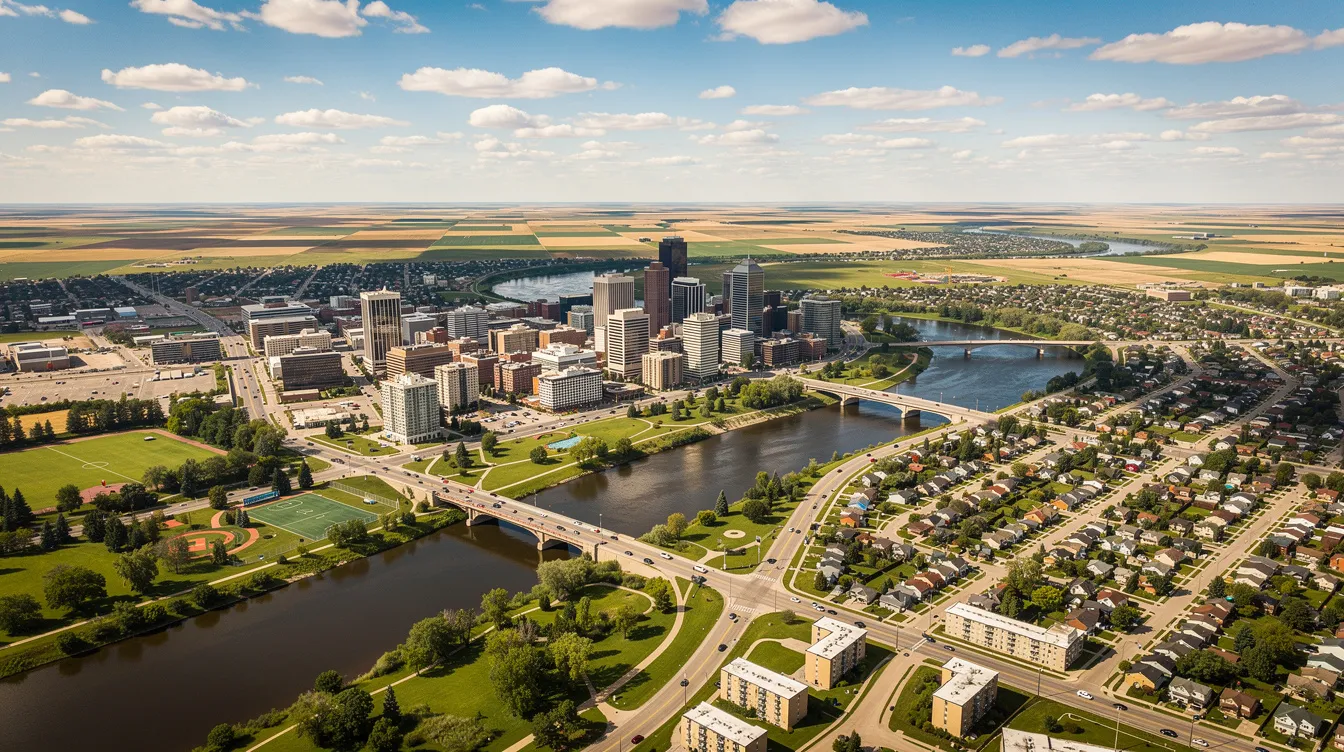 An aerial view of Saskatoon, a mid-sized Canadian prairie city, showcases the winding South Saskatchewan River with eight bridges crossing it, surrounded by lush green parks. This vibrant community offers a blend of outdoor living, job opportunities, and affordable housing, making it an attractive destination for families and skilled professionals considering long distance relocations.