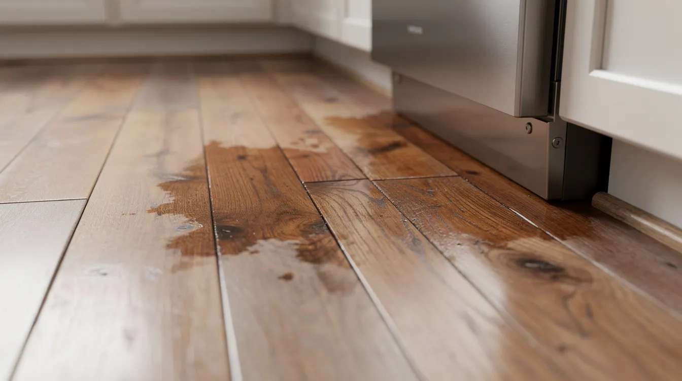 A close-up view of hardwood floorboards shows water stains near a kitchen dishwasher, highlighting the damaged area that may require hardwood floor repair. The surrounding boards exhibit signs of surface wear, indicating potential future damage if not addressed.