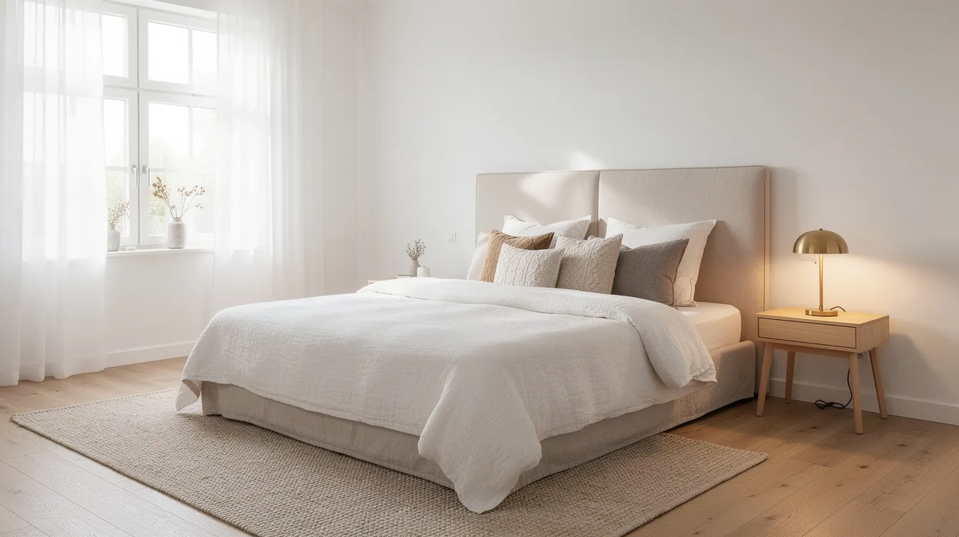 Ett ljust skandinaviskt sovrum med en bekväm kontinentalsäng dekorerad med linnekuddar. Vid sängen finns ett trä-sängbord med en elegant sänglampa i mässing, vilket ger en stilren och inspirerande atmosfär.