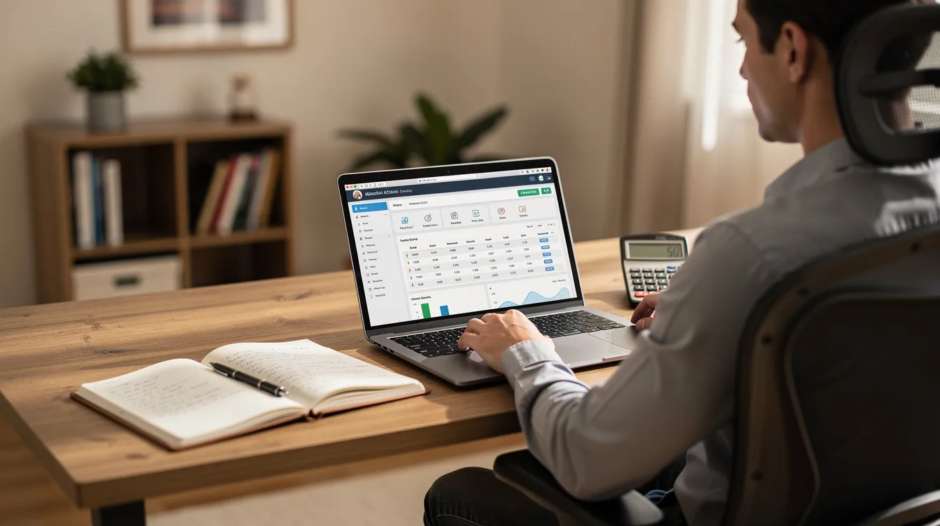 A professional sits at a home office desk, working remotely on a laptop surrounded by a calculator and a notebook, highlighting the role of a virtual accounting assistant managing financial records and performing complex accounting tasks. This scene reflects the growing trend of hiring virtual assistants for bookkeeping support and operational efficiency in a remote work environment.