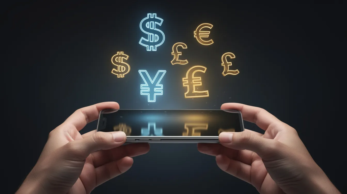 An image depicting hands holding a smartphone, with various international currency symbols floating above it, representing a digital payment method. This visual highlights the convenience of using digital wallets, like Paze or PayPal, for online purchases and in-store payments.