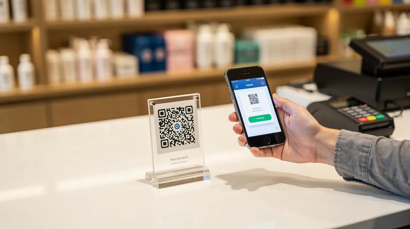 A person is using a smartphone to scan a QR code at a store counter for payment, demonstrating a modern method of completing financial transactions. This mobile banking app facilitates seamless fund transfers directly from the individual's bank account.