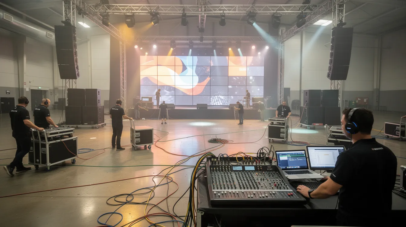 A professional audio visual production crew is coordinating the setup of equipment in a spacious event venue, featuring LED panels and speaker arrays, ensuring crystal clear sound and effective lighting design for an upcoming corporate event. The technical teams are focused on the production elements necessary to create a successful live event experience for attendees.