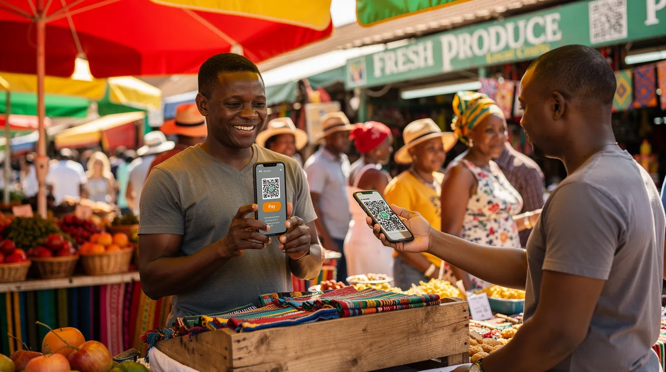 The image depicts a bustling outdoor South African market where people are browsing various stalls, while a vendor holds a smartphone, facilitating mobile payments through digital wallets. This scene highlights the growing trend of mobile banking and online payments in South Africa, showcasing how digital financial services are enhancing everyday transactions.