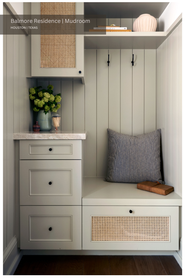 a pale green mudroom with cane inlay on the drawers