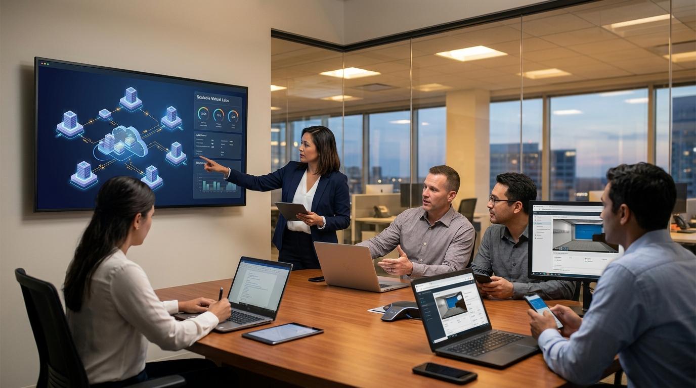 Business and IT leaders evaluating a modern virtual training platform with interconnected cloud infrastructure, scalable virtual labs, and learners using multiple devices.