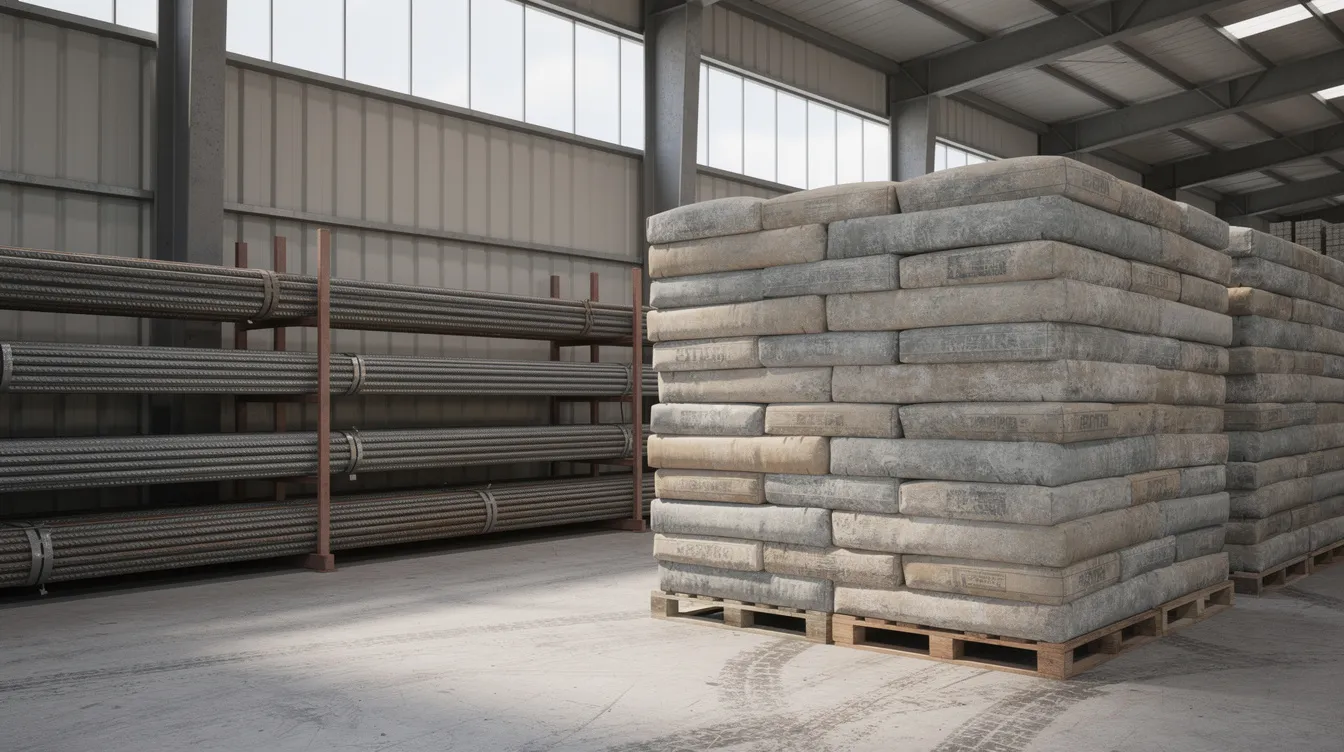94e58124 f913 4fdd b310 ef06c8a0676c The image shows a warehouse filled with stacked construction materials, including bags of cement and steel bars, organized neatly for easy access. This setup reflects the efficient operations often seen in successful dealership businesses that cater to high demand in construction and building supplies.