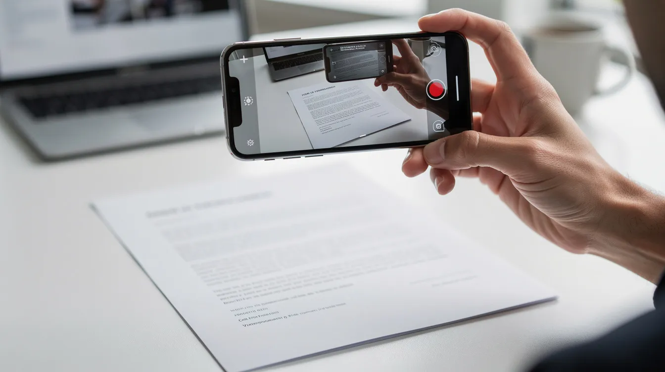 A person is holding a smartphone, capturing a photograph of a document, likely a bank statement or utility bill, for the purpose of address verification as part of an application process. This action is essential for providing proof of their current residential address to a bank or organization.