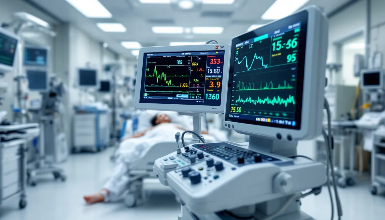 The image shows medical monitoring equipment that displays real-time patient data and vital signs, highlighting the importance of accurate data collection in healthcare settings for improved patient outcomes. This equipment is essential for healthcare professionals to gather and analyze health data effectively.