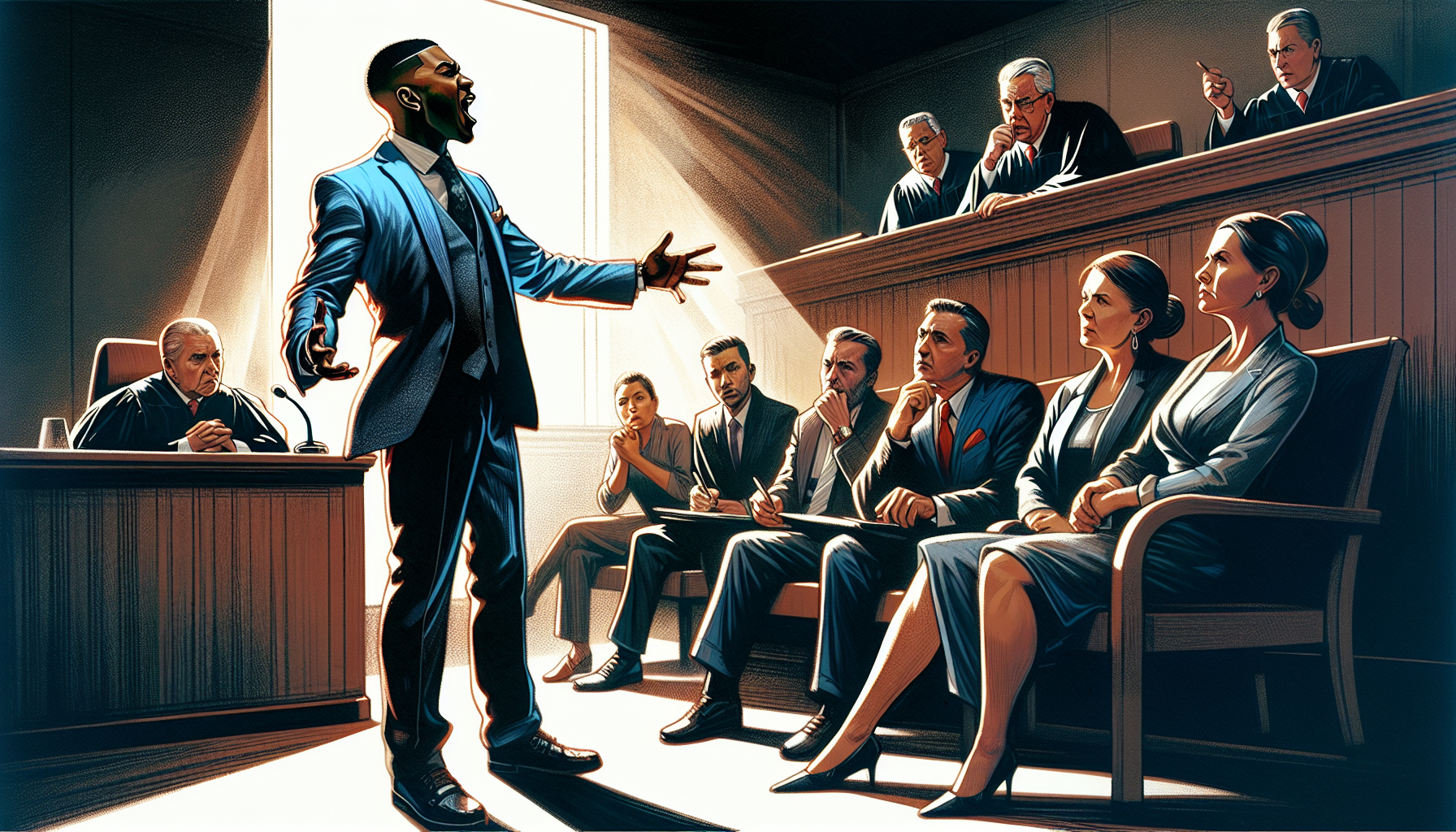 A courtroom illustration with a lawyer defending a client