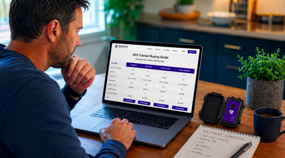 Man comparing GPS trackers on a laptop displaying a BrickHouse Security GPS Tracker Buying Guide, with GPS devices, a comparison notepad, and a coffee mug on a wooden desk in a modern home office.
